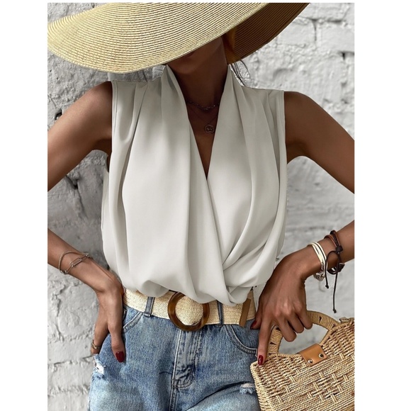 Draped Sleeveless Surplice V-Neck Blouse Top White - Picture 6 of 8